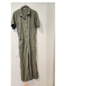 Caslon Olive Linen Blend Utility Jumpsuit M‎ Button Front Short Sleeve